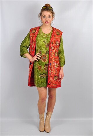 VINTAGE RED EMBROIDERED HIPPY BOHO WAISTCOAT