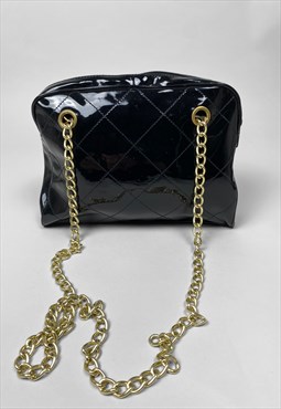 80's Vintage Ladies Bag Black PVC Gold Chain Handbag