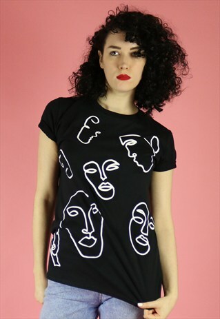 FACES PRINT T-SHIRT - WHITE ON BLACK