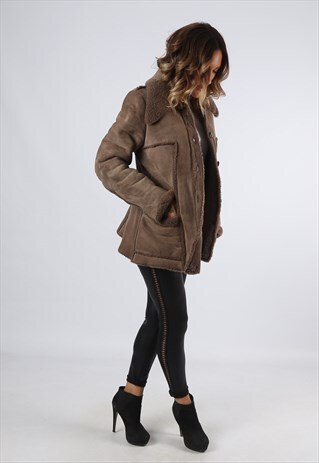 SHEEPSKIN SUEDE LEATHER SHEARLING SHORT COAT UK 12 (A9BF)