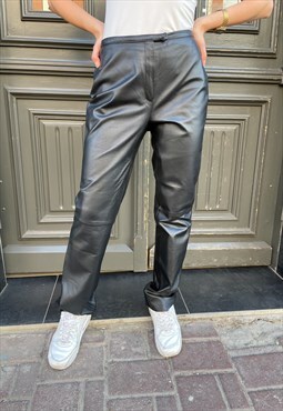 Vintage 80s 90s Mid Rise Black Leather Trousers Pants   