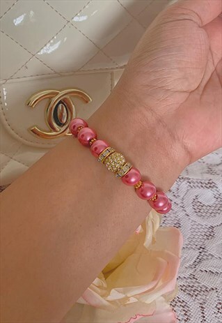 DUSKY PINK AND GOLD SWAROVSKI CRYSTAL PEARL BEAD BRACELET