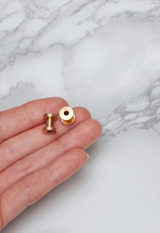 GOLD STEEL EAR TUNNEL SET X 2 SMALL PLUG FLARE BODY JEWELRY