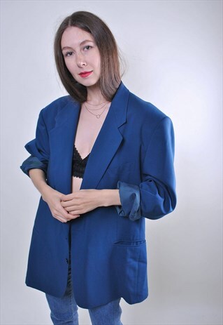 RETRO BLUE WOOL OVERSIZE WOMAN SUIT BLAZER