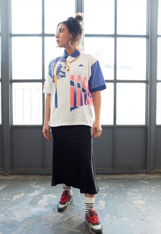 VINTAGE NIKE CHALLENGE POLO T-SHIRT WHITE WITH NEON PRINT