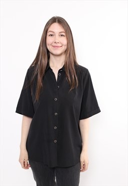 90s black minimalist blouse, vintage short sleeve button up 