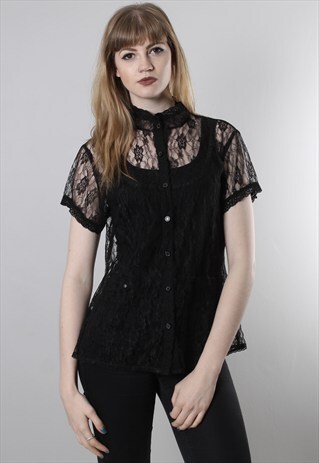 VINTAGE 80S BLACK LACE HIGH NECK BLOUSE