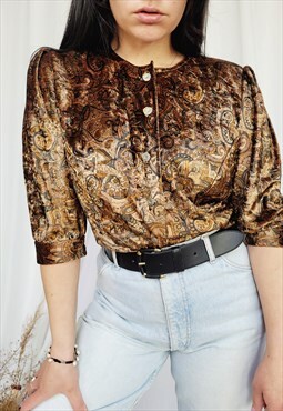80s vintage brown abstract velveteen puff sleeve blouse top