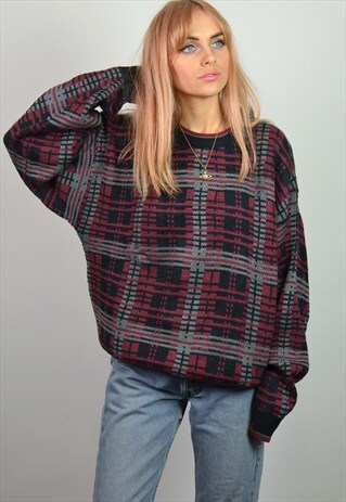 VINTAGE BURGUNDY BLACK & GREY CHECK KNITTED GRANDAD JUMPER