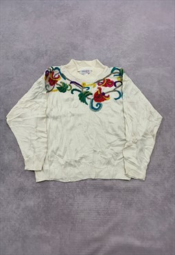Vintage Knitted Jumper Embroidered Flowers Patterned Knit
