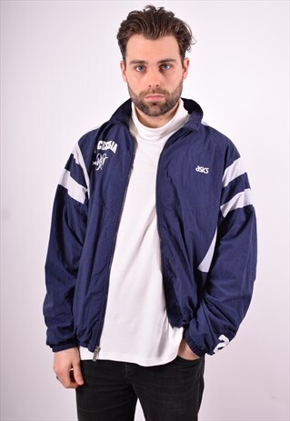 ASICS MENS VINTAGE TRACKSUIT TOP JACKET LARGE BLUE 90'S