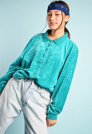 80'S RETRO VELVETEEN OVERSIZED SWEATSHIRT IN TURQUOISE