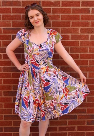 VINTAGE 80S GREEN RED BLUE TROPICAL LEAF CAMI MINI DRESS
