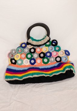 Vintage Y2K crochet bag multicolourED with wood handle