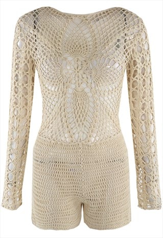 Crochet Knotted Back Playsuit In Beige 