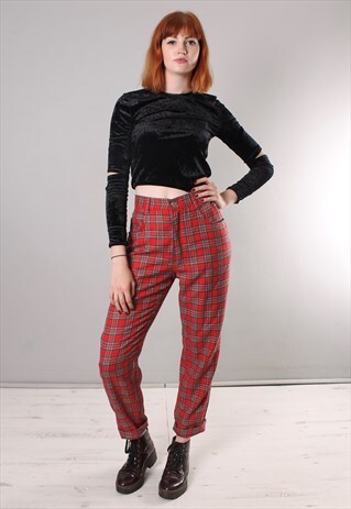 VINTAGE 80S TARTAN CHECK HIGH WAISTED TAPERED TROUSERS