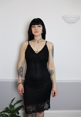 BLACK CROCHET GOTHIC THIN STRAP EVENING MIDI DRESS