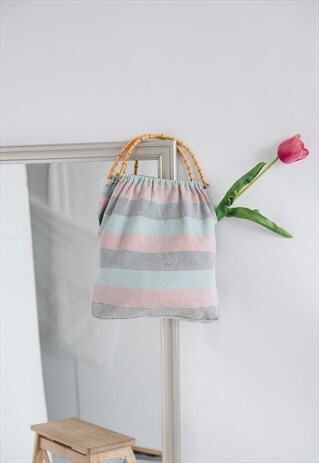 VINTAGE 70S BOHO COLOURFUL PASTEL TOTE HAND BAMBOO BAG