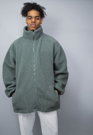 VINTAGE KHAKI GREEN OVERSIZED FLEECE ZIP JACKET