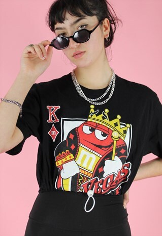 REWORKED CROP TOP IN BLACK WITH M&M'S VEGAS PRINT