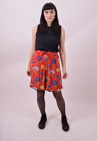 VINTAGE 80'S BRIGHT RED FLOWER PRINT HIGH WAIST SHORTS 12 14