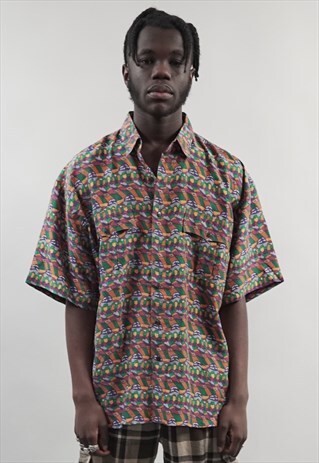 VINTAGE 90'S SHORT-SLEEVE GEO CRAZY PRINT SHIRT