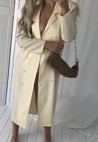 VINTAGE 80S PALEST YELLOW DOUBLE BREASTED LONG BLAZER DRESS