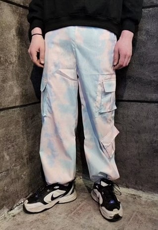 SKY PRINT BEAM JOGGERS GRADIENT CLOUDS LOOSE OVERALLS BLUE
