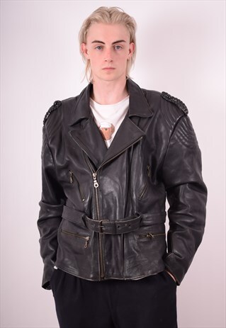 MENS VINTAGE BIKER JACKET 2XL BLACK 90S