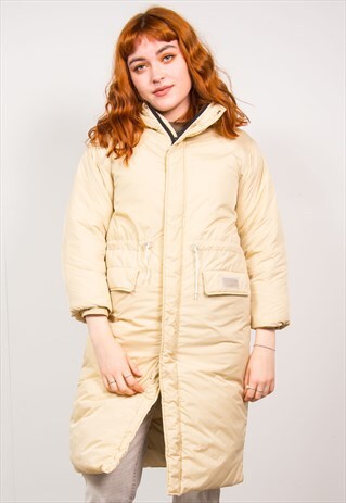 VINTAGE 90'S CREAM LONG PUFFER THICK HOODED COAT JACKET