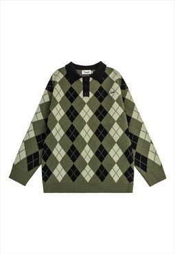 Geometric sweater diamond pattern jumper preppy top green