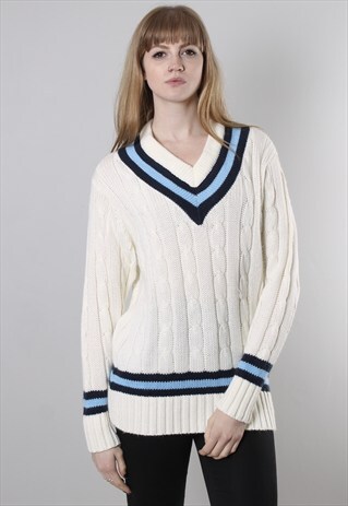 VINTAGE 80S THICK CABLE KNIT V NECK JUMPER