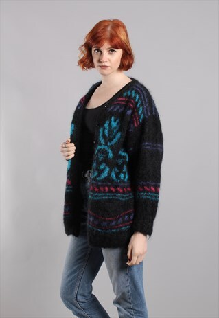 VINTAGE 80S FLUFFY PATTERNED OVERSIZE CARDIGAN