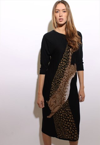 VINTAGE 1980'S 80'S LEOPARD PRINT BLACK MAXI DRESS M-L