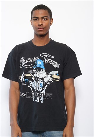 VINTAGE LOONEY TUNES BUGS BUNNY BASEBALL PRINT T-SHIRT BLACK
