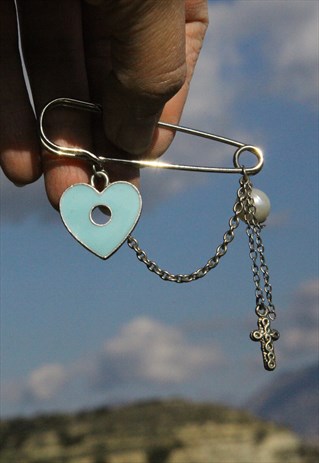 silver big pin with blue enamel heart pearl/cross/chain