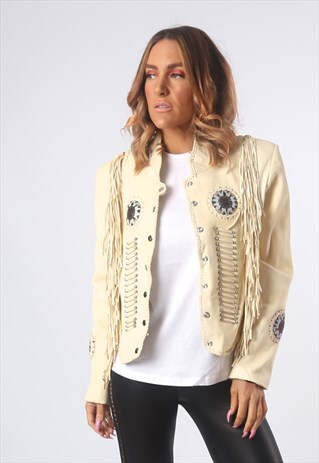 LEATHER TASSEL BIKER JACKET VINTAGE BEADED UK 12 (AQ1A)