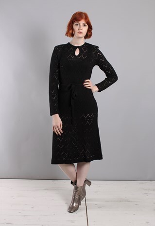 VINTAGE 70S BLACK CROCHET KNIT SEQUIN BELTED DRESS
