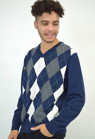 VINTAGE 90S TOMMY HILFIGER NAVY GREY KNIT SWEATER