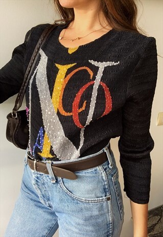 VINTAGE 80S PARISIAN GRAPHIC SLOGAN PRINT BLACK BLOUSE TOP