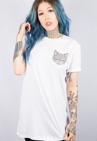 CAT MANDALA WHITE LONG LINE T-SHIRT