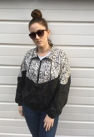 WOMENS VINTAGE 80S BLACK WHITE FLORAL SHELL SUIT JACKET TOP