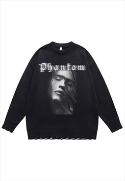 Gothic sweater phantom jumper ripped knitted top in black