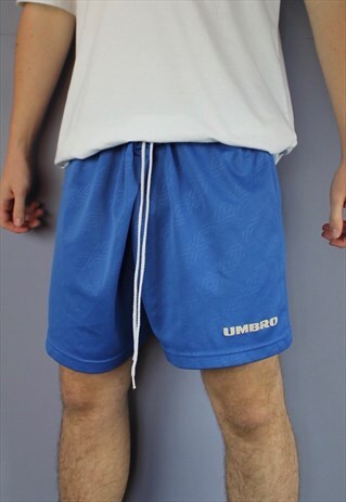 VINTAGE UMBRO SHORTS IN BLUE WITH FELT PRINT LOGO AND DRAWST