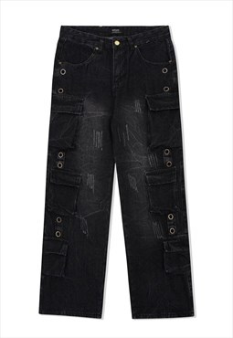 Utility jeans cargo pocket denim pants distressed joggers