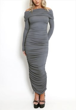 Bardot Side Ruched Midi Dress In Grey