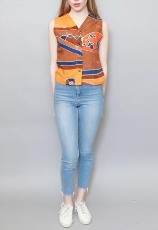 VINTAGE 1980'S ORANGE AND BROWN PATTERNED VEST TOP