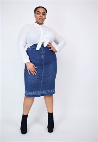 VINTAGE 90'S DENIM MIDI SKIRT WITH EMBROIDERY