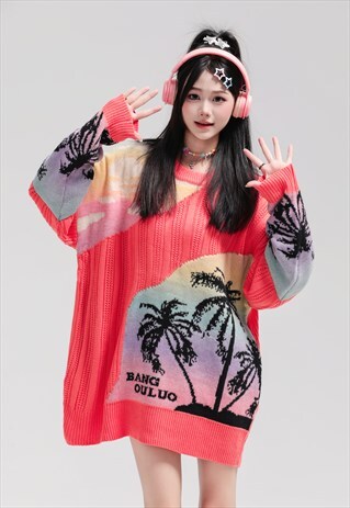 Tropical print sweater palm tree knitted jumper raver top