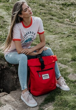 Junkbox Recycled Roll-Top Rucksack in Red Woven Patch